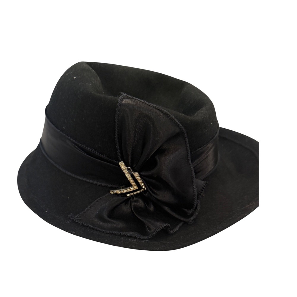 Vintage Black Wool Felt Hat Satin Bow Bejewelled Brooch 90s Y2K Made in USA